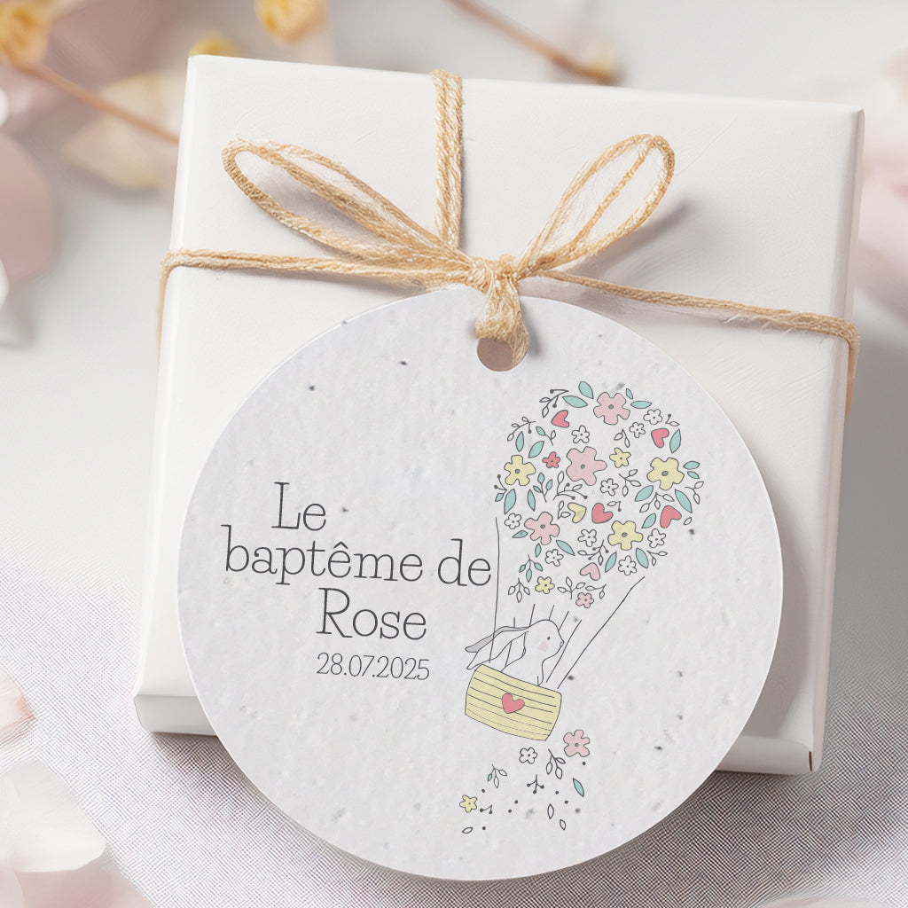 Étiquette baptême personnalisée en papier ensemencé