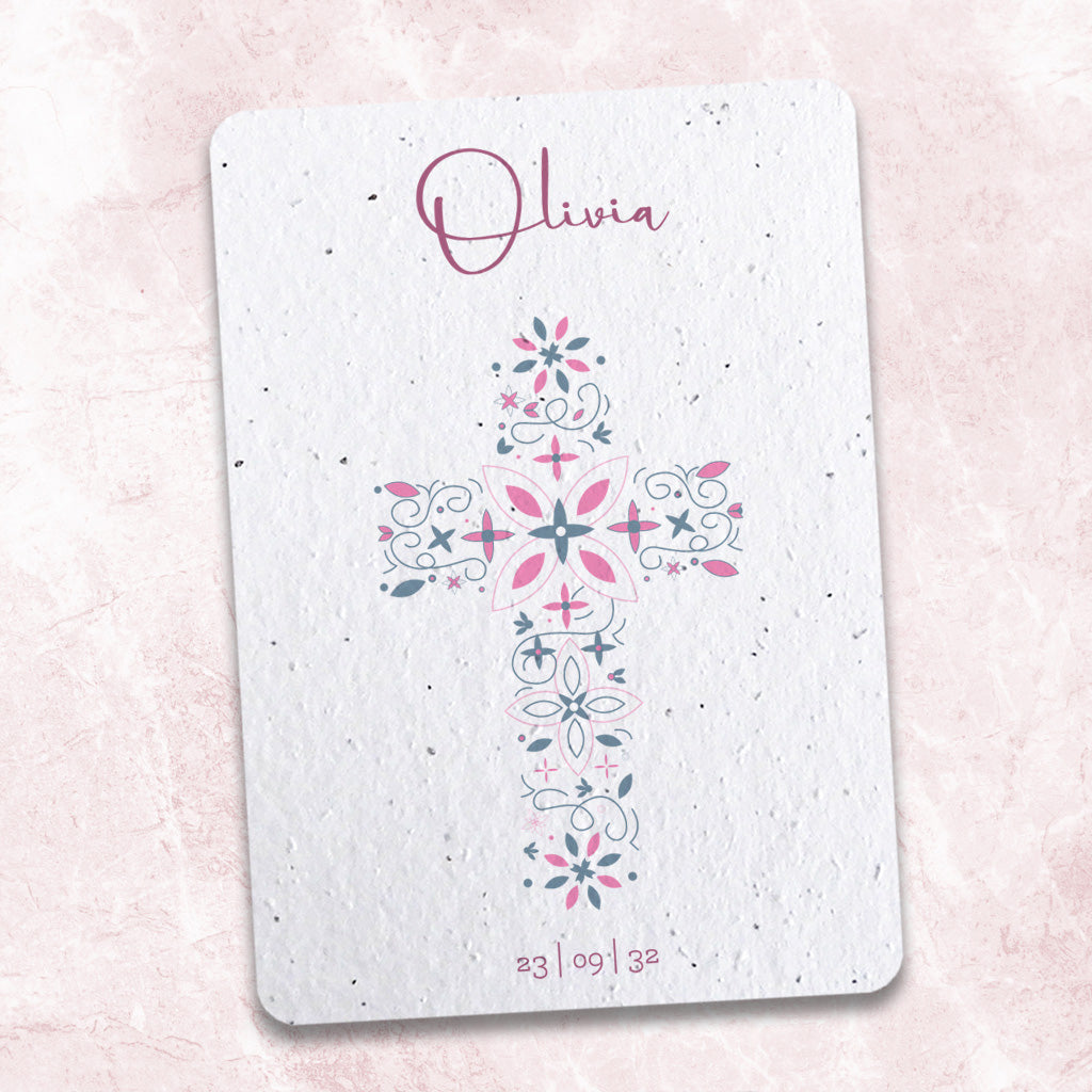 Faire-part de baptême papier ensemencé croix