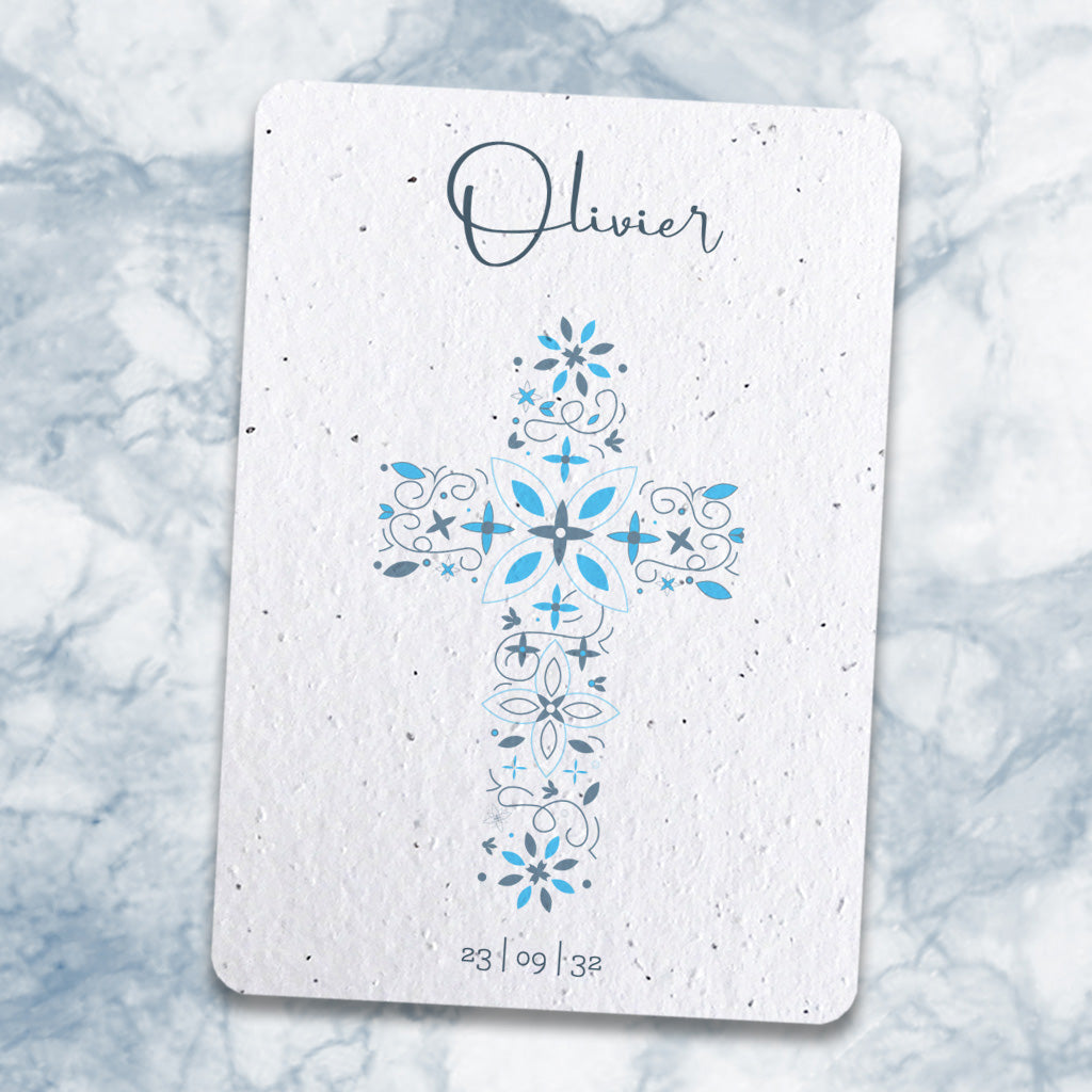 Faire-part de baptême papier ensemencé croix