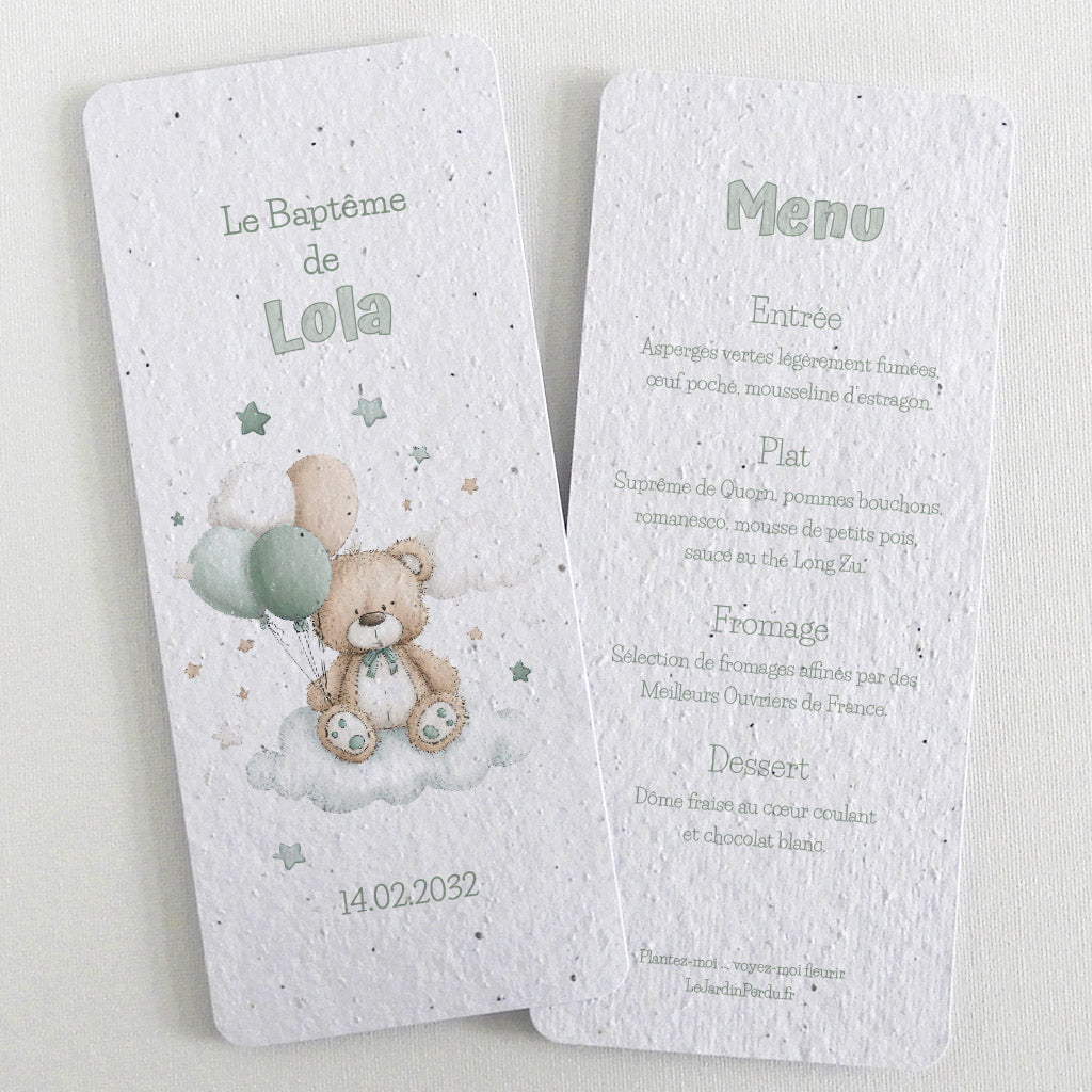 carte menu baptême à planter nounours
