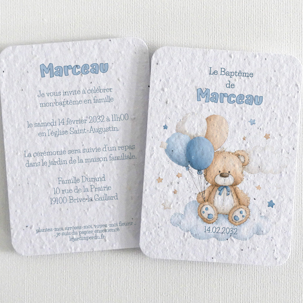 faire-part de baptême à planter nounours