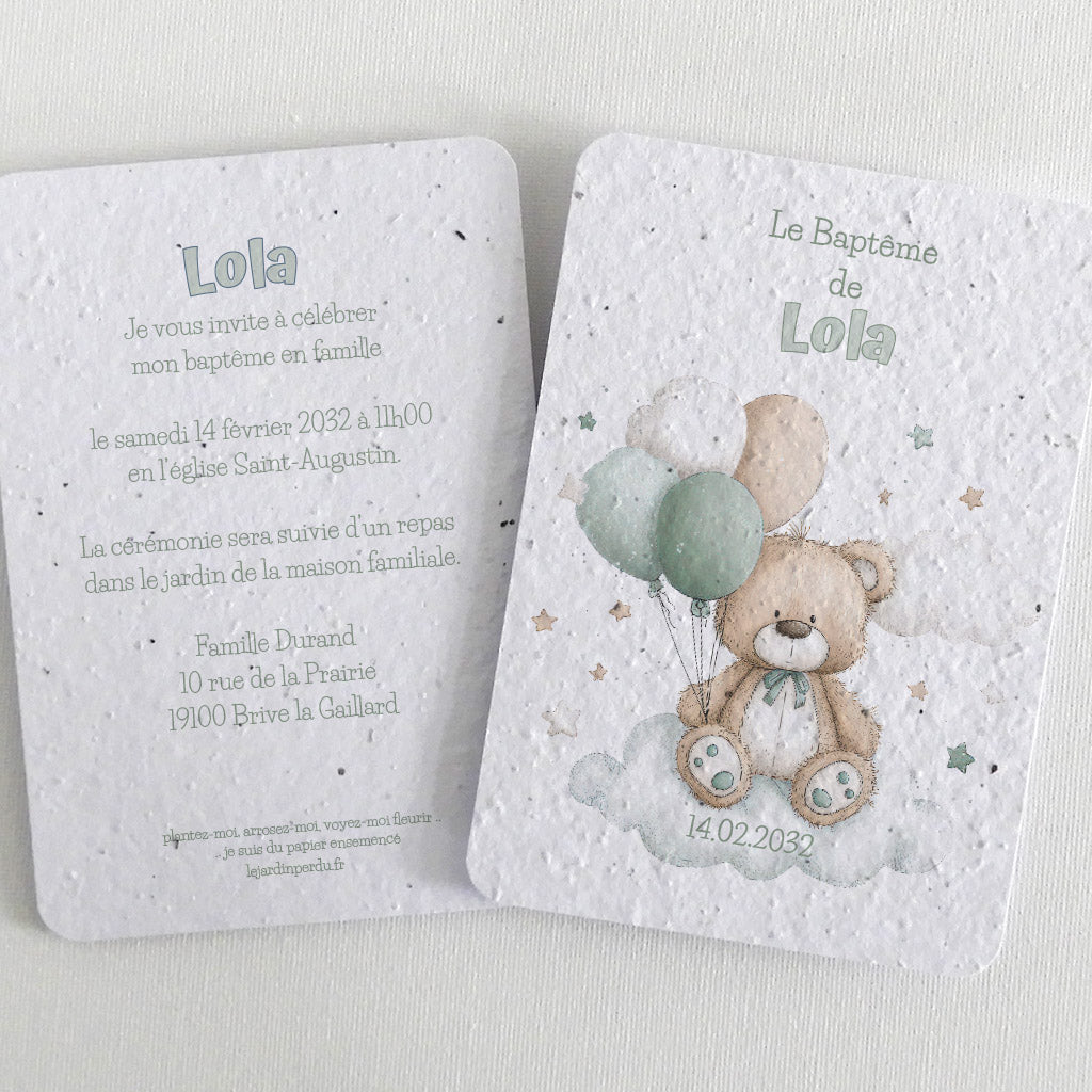 faire-part de baptême à planter nounours