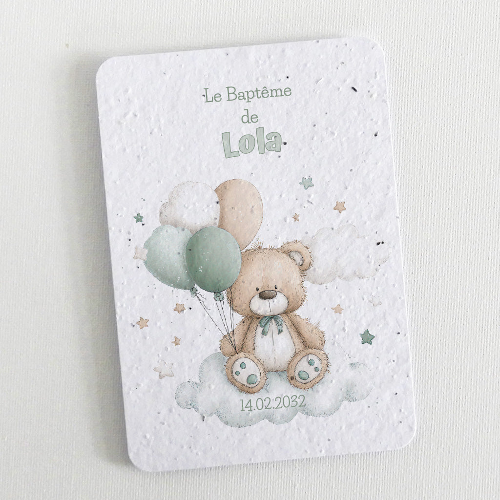 faire-part de baptême nounours papier ensemencé