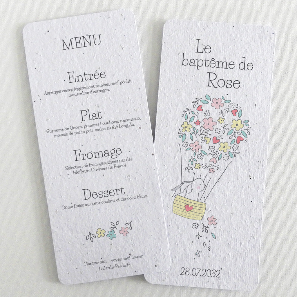 Menu baptême écoresponsable papier ensemencé