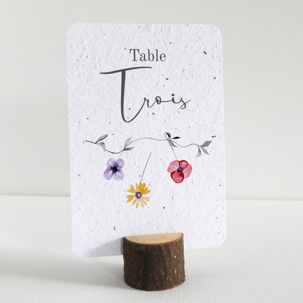 Numéro de Table Mariage à Planter avec Rondin de Bois - Fleurs de Printemps