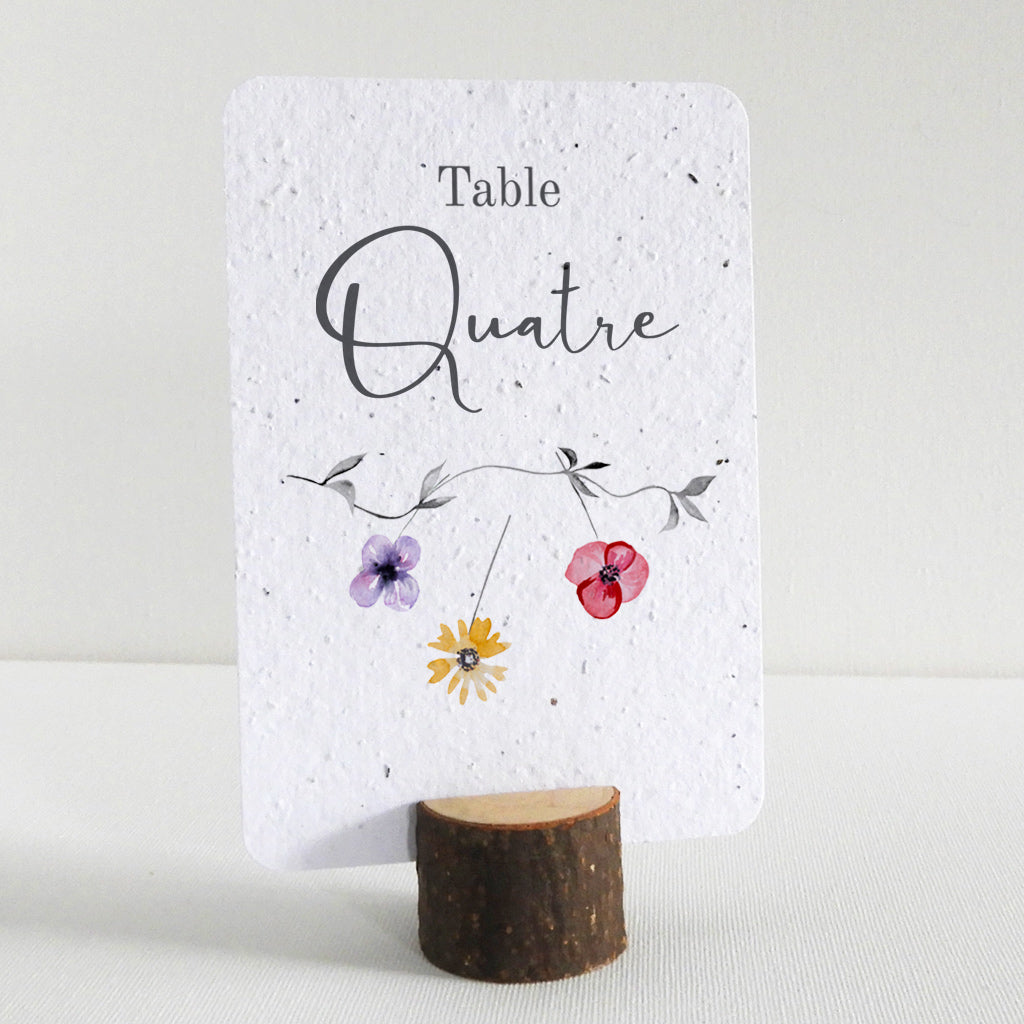 Numéro de Table Mariage à Planter avec Rondin de Bois - Fleurs de Printemps