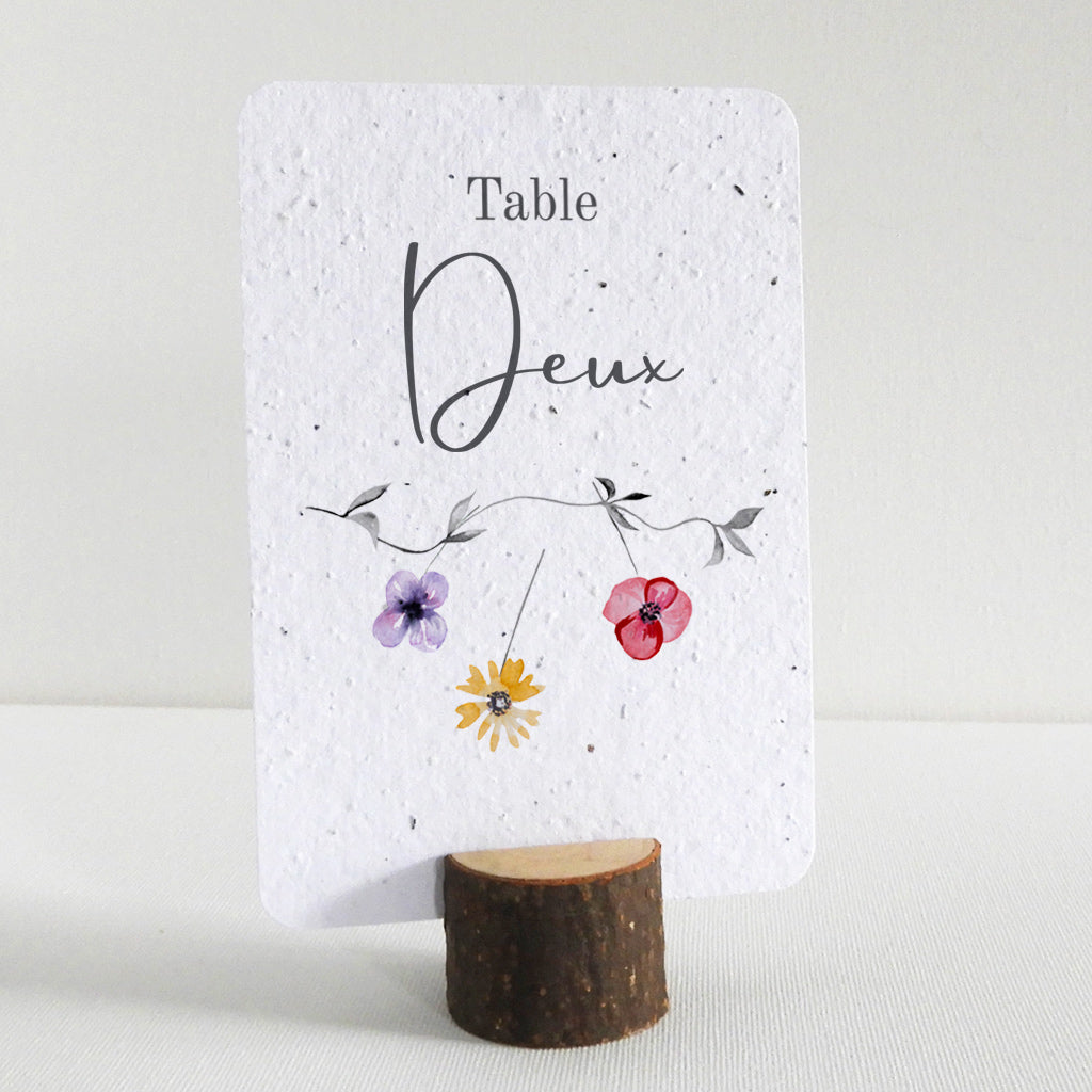 Numéro de Table Mariage à Planter avec Rondin de Bois - Fleurs de Printemps